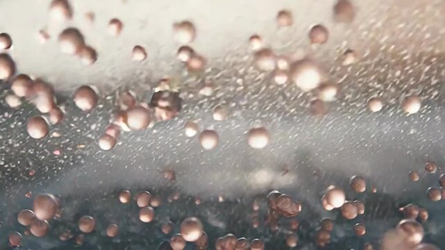 Golden translucent spheres rise and fall over a dark ripple liquid or gel surface in a micro scale environment, showing movement and an abstract scientific composition reflecting light and shadow