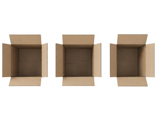 Three open cardboard boxes isolated on transparent background