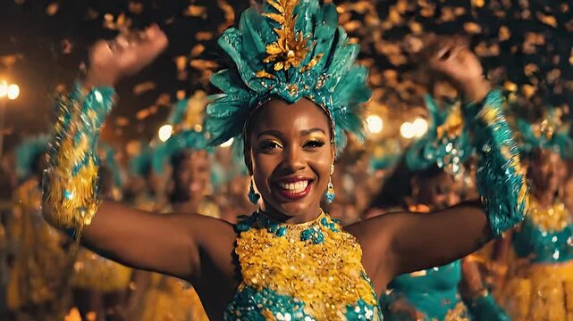 Festival, confetti and women in Brazil with costume, blowing kiss and party in city. Carnival, show girls and glitter at parade for performance, culture and traditional samba dancers