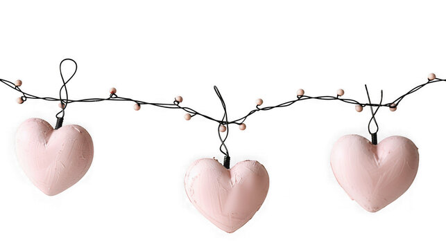 Three pink heart-shaped ornaments hanging on twisted wire with leaves isolated on transparent background
