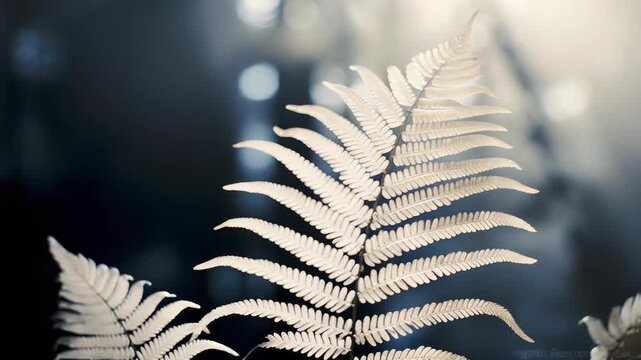 Delicate fern frond illuminated by gentle backlighting, capturing its intricate details against a dreamy, soft focused background, evoking a sense of calm and natural beauty