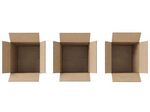 Three open cardboard boxes isolated on transparent background