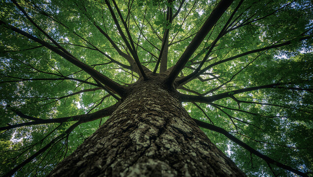 夏の森で大樹を見上げ放射状に広がる濃い樹冠を捉えた視点
