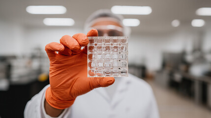 Scientist hand in orange glove holding transparent material sample in laboratory. Scientific research and technological innovation. Close-up of new polymer development