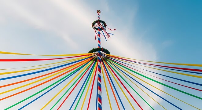 Vibrant maypole ribbons dancing in the breeze on a sunny day with clear blue sky and white clouds