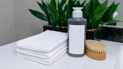 Cosmetic bottle mockup with blank label for branding. Spa and self-care accessories with white towels and wooden body brush. Wellness and beauty routine concept