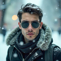 Moody portrait of a young man in a snowy, smoky environment wearing sunglasses and a fur-trimmed coat image background