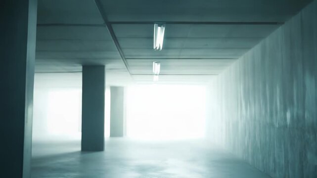Empty underground concrete tunnel corridor with structural pillars and overhead fluorescent lighting leading towards a strong bright light at the distant end, suggesting a path forward or escape