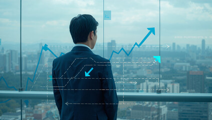 実線と点線の二層矢印で実績と予測を比較し都市を見渡す日本人管理職