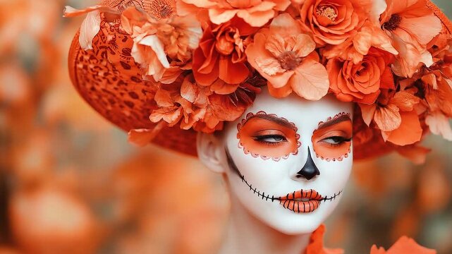 Beautiful woman in carnival mask sugar skull creative make-up for holiday Dia De Los Muertos or Halloween party on blured orange background with copyspace.