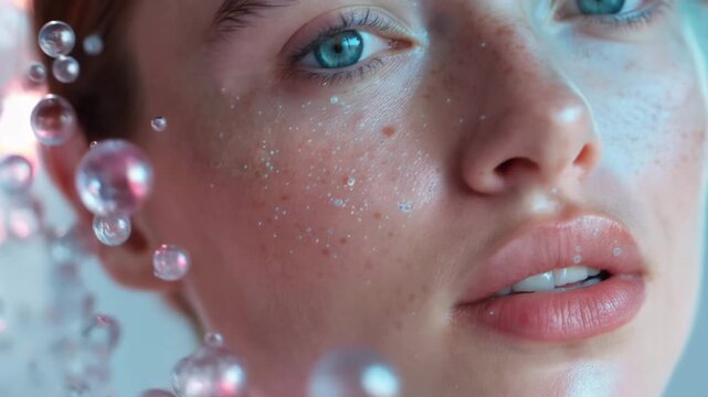 Extreme close-up beauty portrait of a woman with blue eyes and freckles surrounded by glowing blue water molecules. Concept of scientific skincare, hydration, and dermatology.