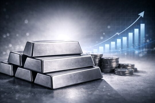 Stack of Silver Bullion Bars and Coins with Rising Financial Growth Chart - Investment and Wealth Concept
