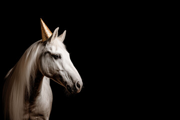 White horse wearing a glittering gold cone hat against a black background, soft light highlighting its flowing mane and elegant profile.
