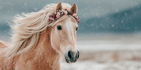 Obraz premium Blond palomino horse wearing a floral crown stands in falling snow, mane flowing and soft light highlighting its serene profile.