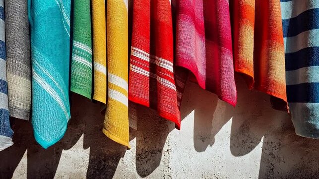 Colorful towels hanging on wall
