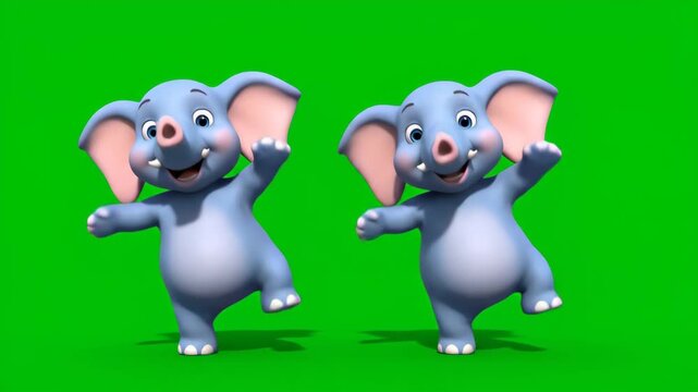 Two dancing cartoon elephants performing a happy dance on green screen background perfect for childrens content and animations