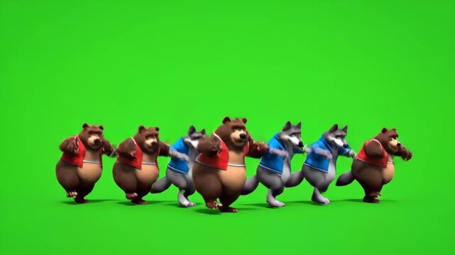 Cartoon bears and wolves walking together on green screen animated animals in synchronization funny dance ideal for kids content