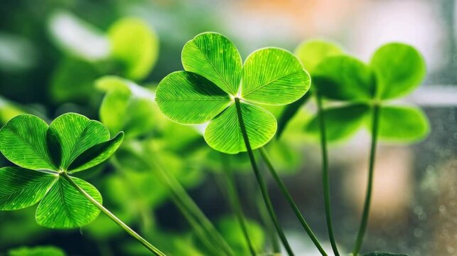 Green clover leaves in focus