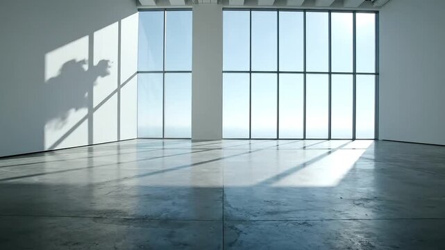 Corporate office space with large windows and staircase shadow on the wall, viewed from the front