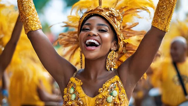 Festival, confetti, dancing women in Brazil with costume, blowing kiss and party in city. Carnival, show girls and glitter at parade for performance, culture and traditional samba dancers