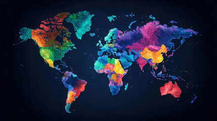 Fototapeta premium Colorful Watercolor World Map Illustration with Vibrant Regions