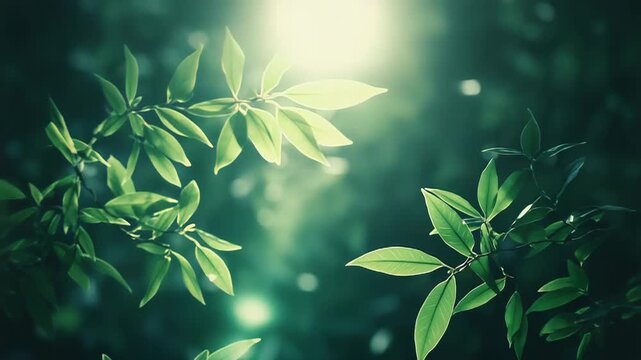 Verdant leaves bathed in soft sunlight, evoking fresh growth, tranquil ecology and serene natural beauty against a dark, blurred background with copy space
