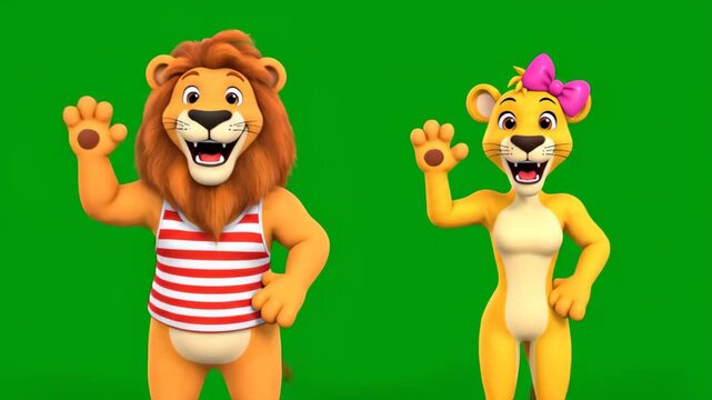 Animated cartoon lion couple waving against green screen background featuring cartoon lion male and female characters in a playful render