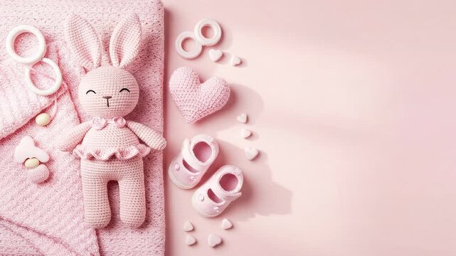 Baby girl items and accessories isolated on pink background with copy space. Cute newborn clothes, toy and pacifier. Concept for a baby shower or birth announcement.	