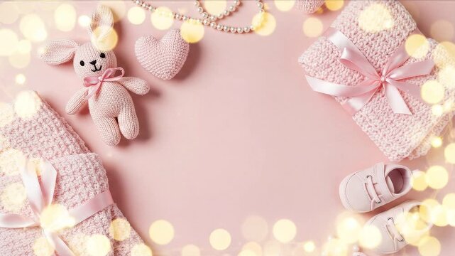 Baby girl items and accessories isolated on pink background with copy space. Cute newborn clothes, toy and pacifier. Concept for a baby shower or birth announcement.	