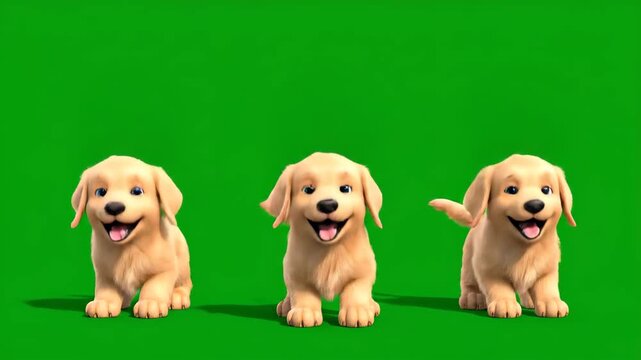 Three animated golden retriever puppies against a green screen background ready for digital compositing and visual effects