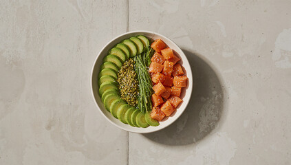 コンクリートの質感を生かし真上から彩りボウルを整然と撮影