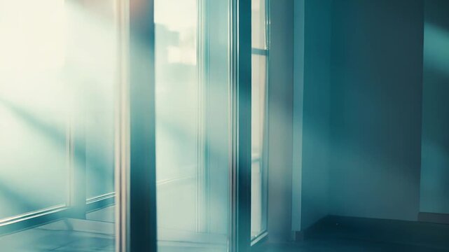 Sunlight beams pouring through large glass sliding doors, casting dramatic diagonal shadows across the clean floor of a spacious, minimalist empty room with warm light and cool tones