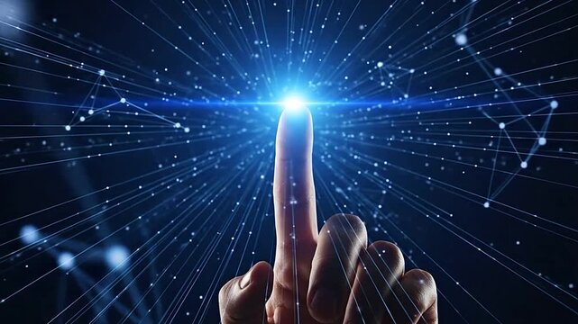 Hand touching a glowing blue light.