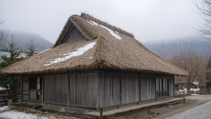 山間の合掌造りの民家が春の朝、雪解けの霧に包まれる風景