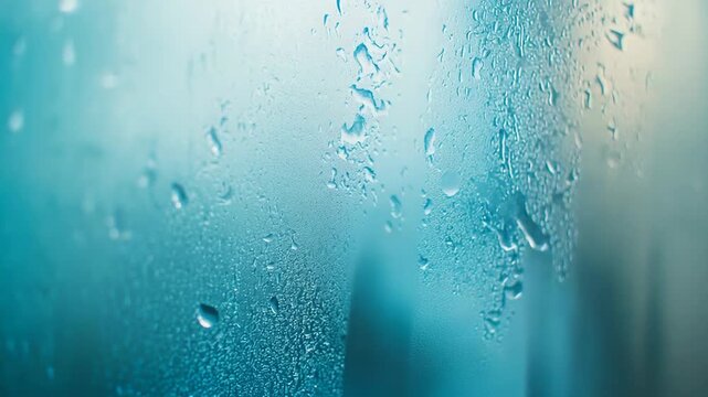 Water droplets forming on a textured translucent glass surface, creating an abstract background conveying concepts of freshness, condensation, and humidity