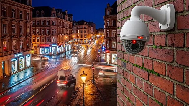 Security camera on a brick wall overlooking a city street at night.