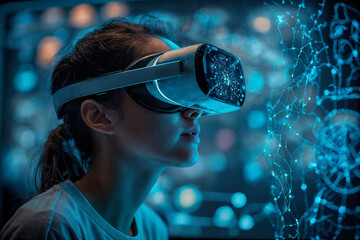 Young student using virtual reality headset for immersive learning and education.