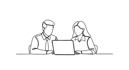 Two business colleagues working together on laptop at office desk in simple line art style