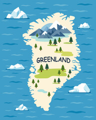 stylized cartoon map of Greenland island with mountains, forests, icebergs and ocean. flat vector illustration for education, travel and geography themes