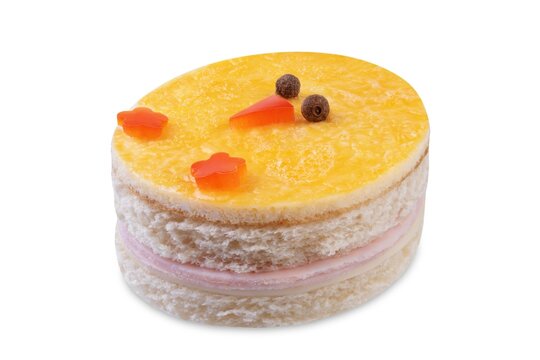 Ham cheese omelette sandwich in the form of chick on a white isolated background