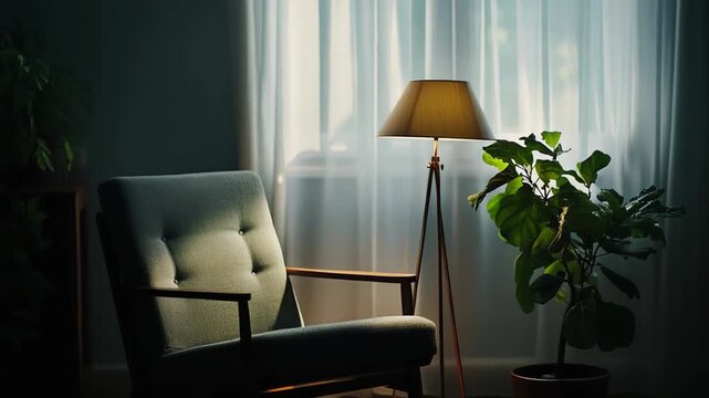 Warm sunlight streaming through sheer curtains illuminating a teal armchair, a modern floor lamp, and a vibrant fiddle leaf fig plant, creating a peaceful and comfortable domestic scene
