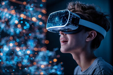 Young student using virtual reality headset for immersive learning and education.