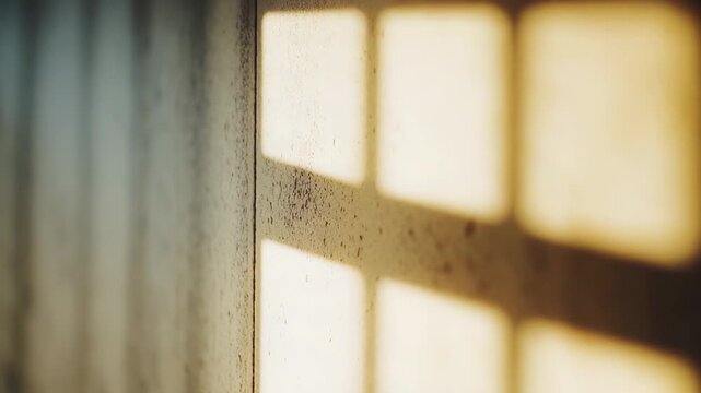 Warm sunlight illuminating a textured, light colored wall, casting sharp, graphic window shadows across its weathered surface, creating a visual interplay of light and dark