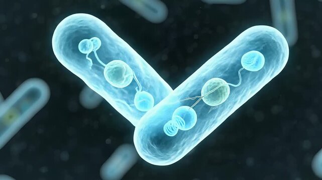 A microscopic 3D rendering of blue bacteria or germs floating in a dark environment. UHD Video Clip