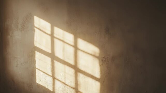 Sunlight creating a warm, geometric shadow pattern from an interior window on a rustic, textured wall surface, conveying a peaceful and contemplative domestic atmosphere