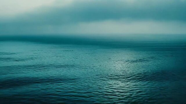Foggy ocean water meeting a misty sky creates a serene and mysterious natural landscape, illustrating themes of tranquility, vastness, and atmospheric conditions