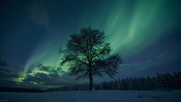 雪原の一本木を包む星明かりと淡いオーロラの静夜