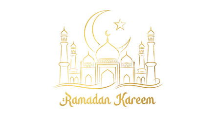 Golden Ramadan Kareem Mosque Silhouette Elegant Crescent Moon Star Line Art Illustration