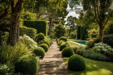 Walking along a garden path with green plants and a clear swimming pool in the background during the day in a lush environment