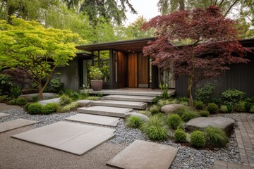 Fototapeta premium A contemporary home entrance showcases beautifully designed landscaping elements, including charming stepping stones, all set against a garden backdrop on an overcast day